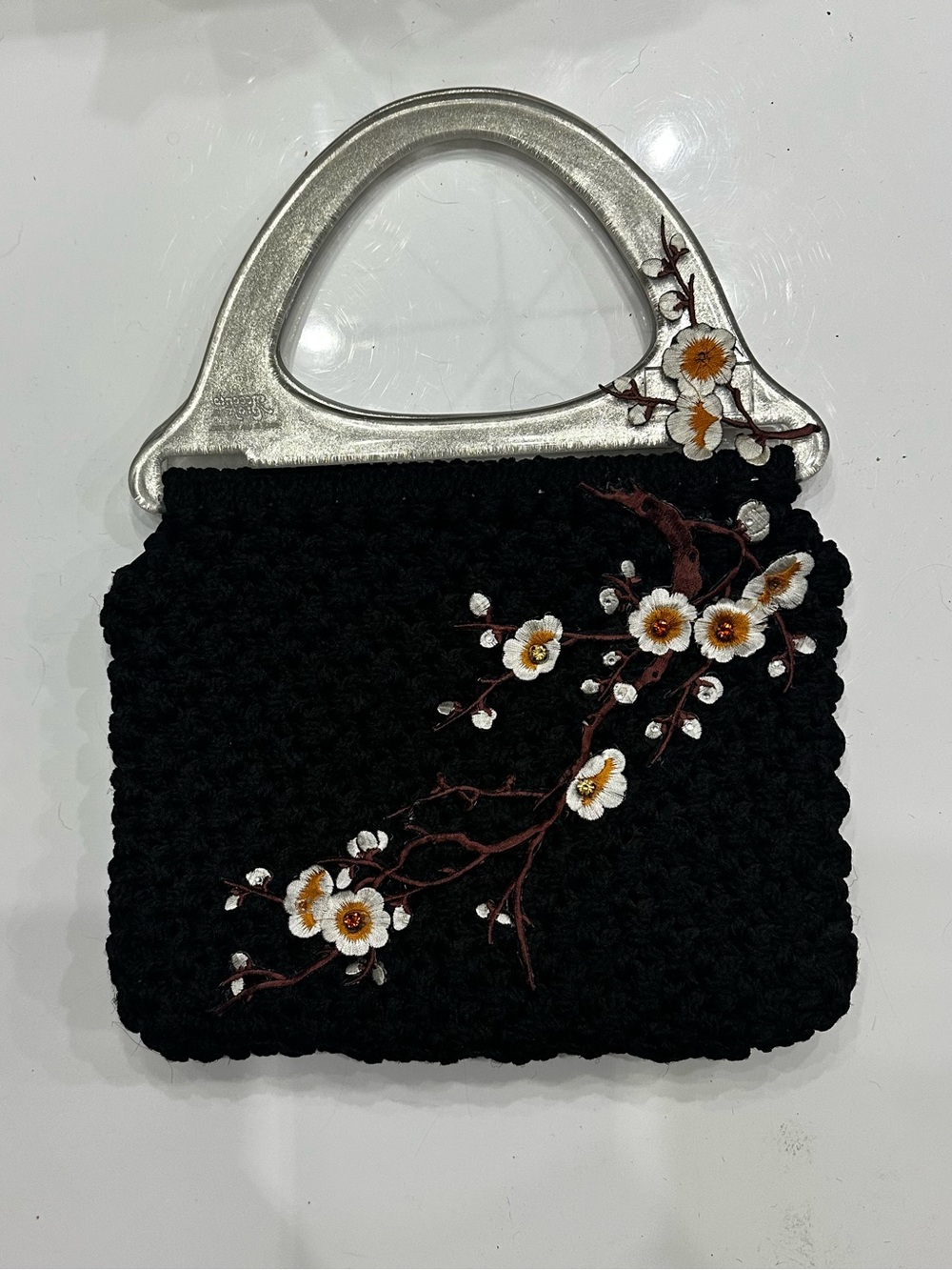 VTG 70s/80s Accento Craft Black Crochet Handbag 3D Cherry Blossom Floral Purse